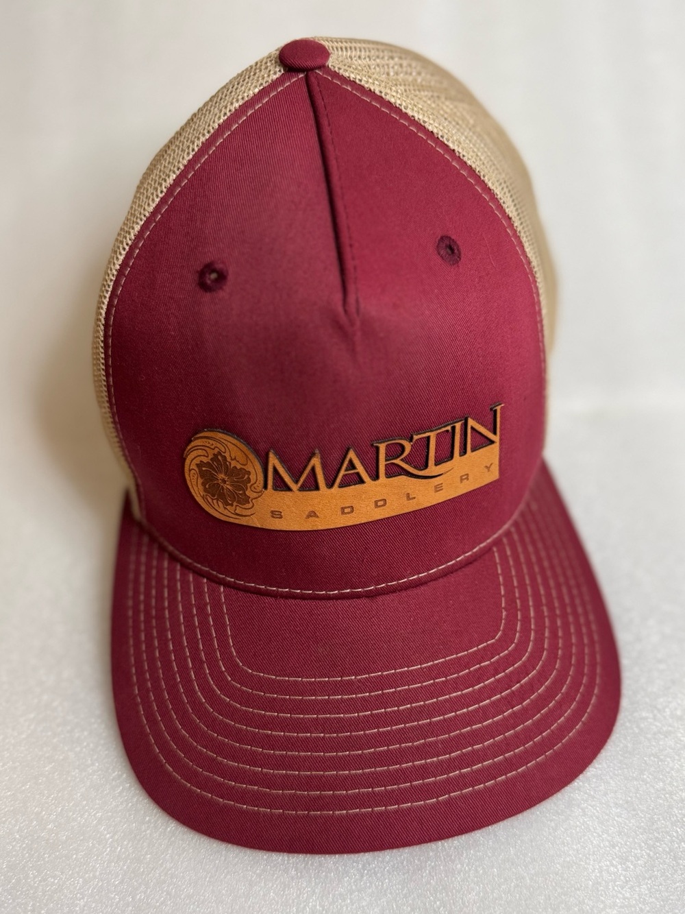 Martin Saddlery Maroon Tan Leather Patch Trucker Hat Snapback